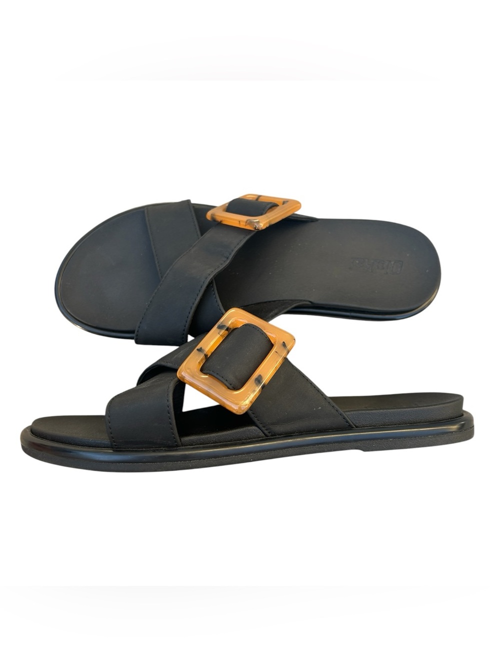 Olukai La’i Slide Women’s Black Criss Cross Sandals Tortoise Buckle Size 8
